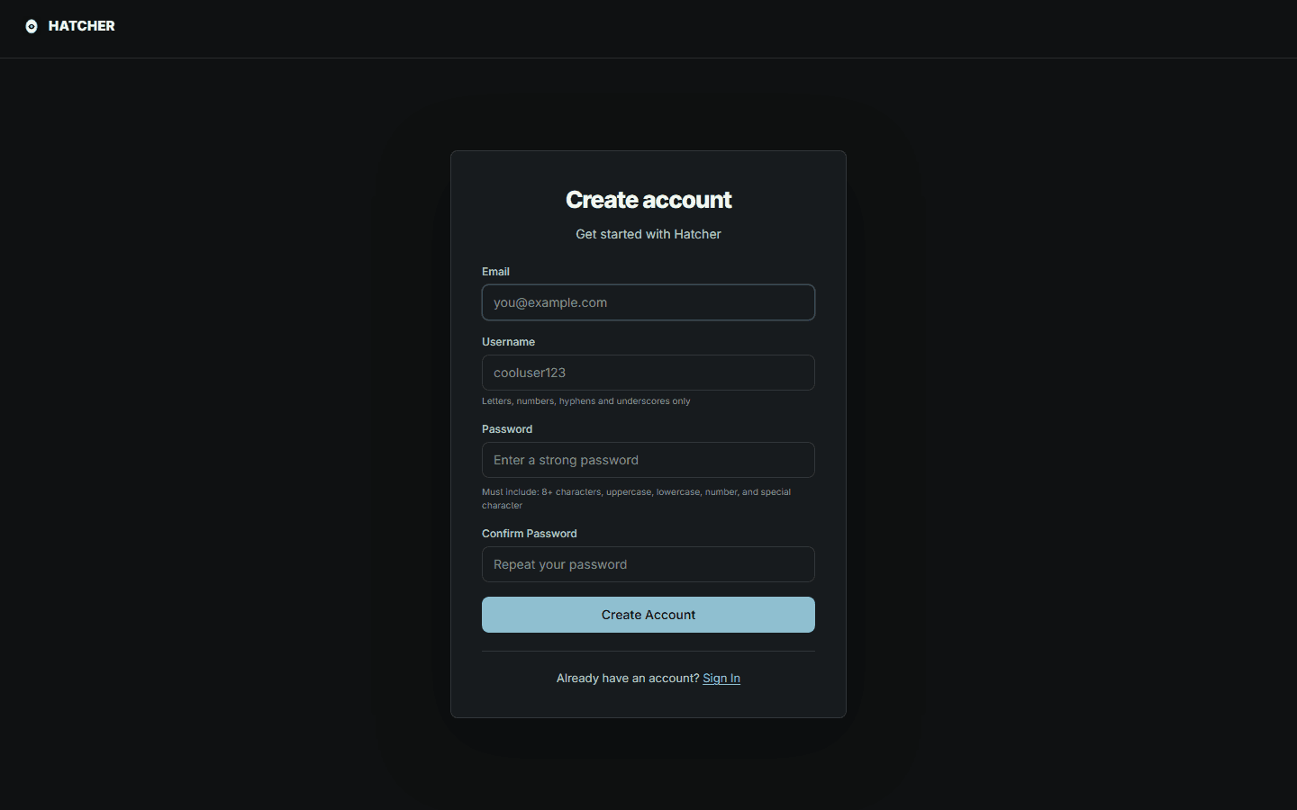 Current Hatcher registration page